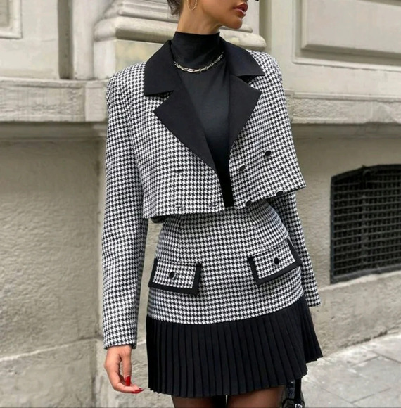 Jackets & Blazers - Houndstooth Pattern Suit & Pleated Skirt Hem Outfit